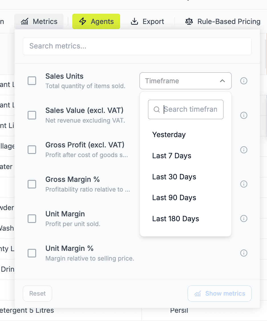 Retailgrid metrics library showing Sales Units, Gross Margin %, Unit Margin and other metrics with timeframe selectors — the signal inputs that drive dynamic pricing decisions