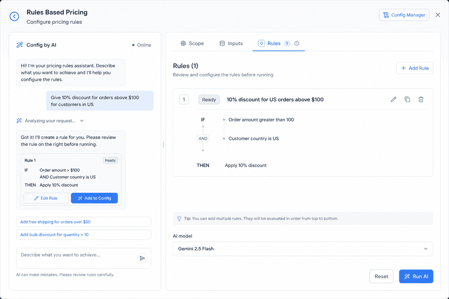 Retailgrid rules configuration screen where repricing rules are defined in plain language with margin and MAP guardrails