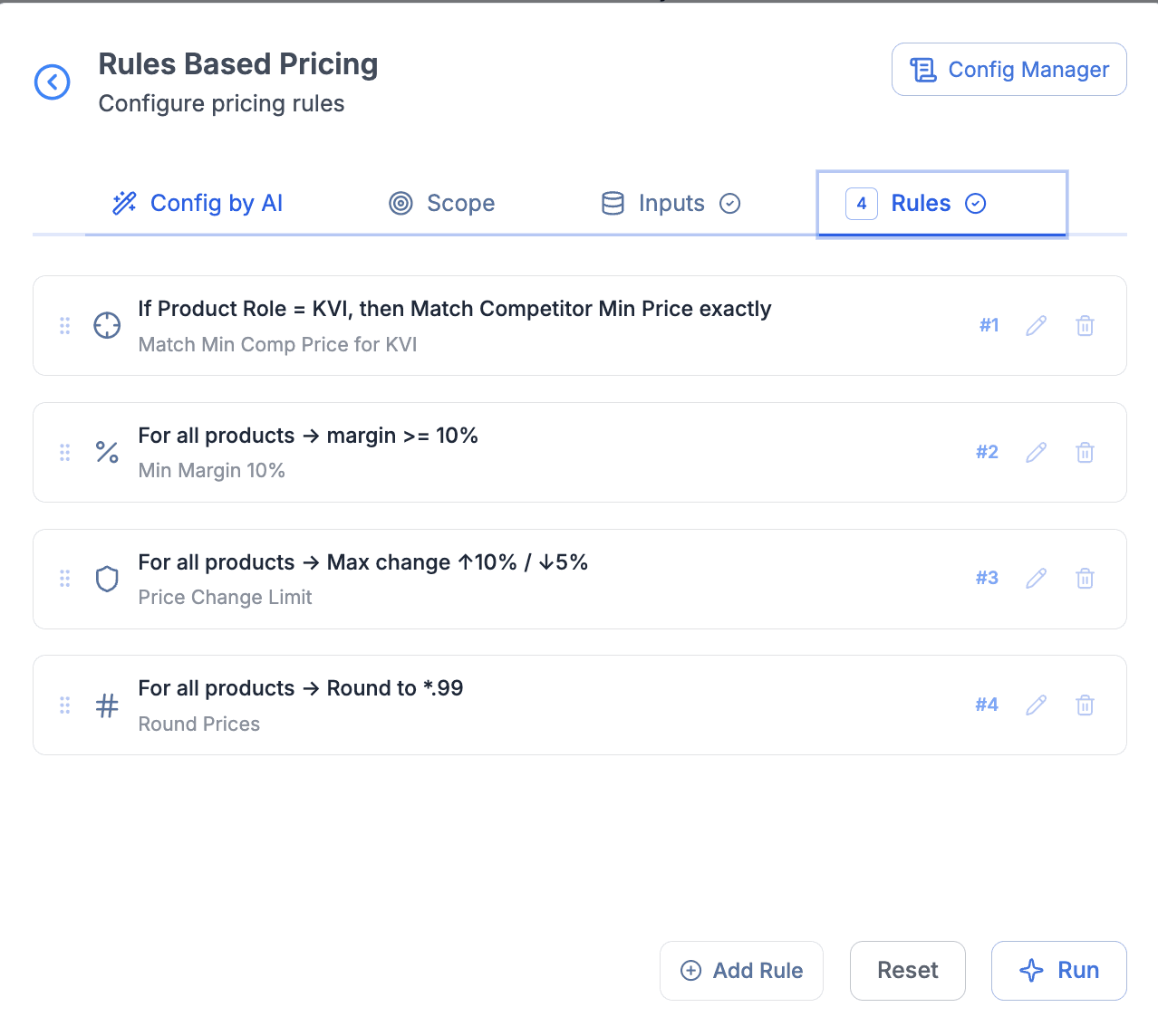 Retailgrid Rules tab showing four configured pricing rules: KVI competitor min match, 10% min margin, price change limit, and round to .99 pricing