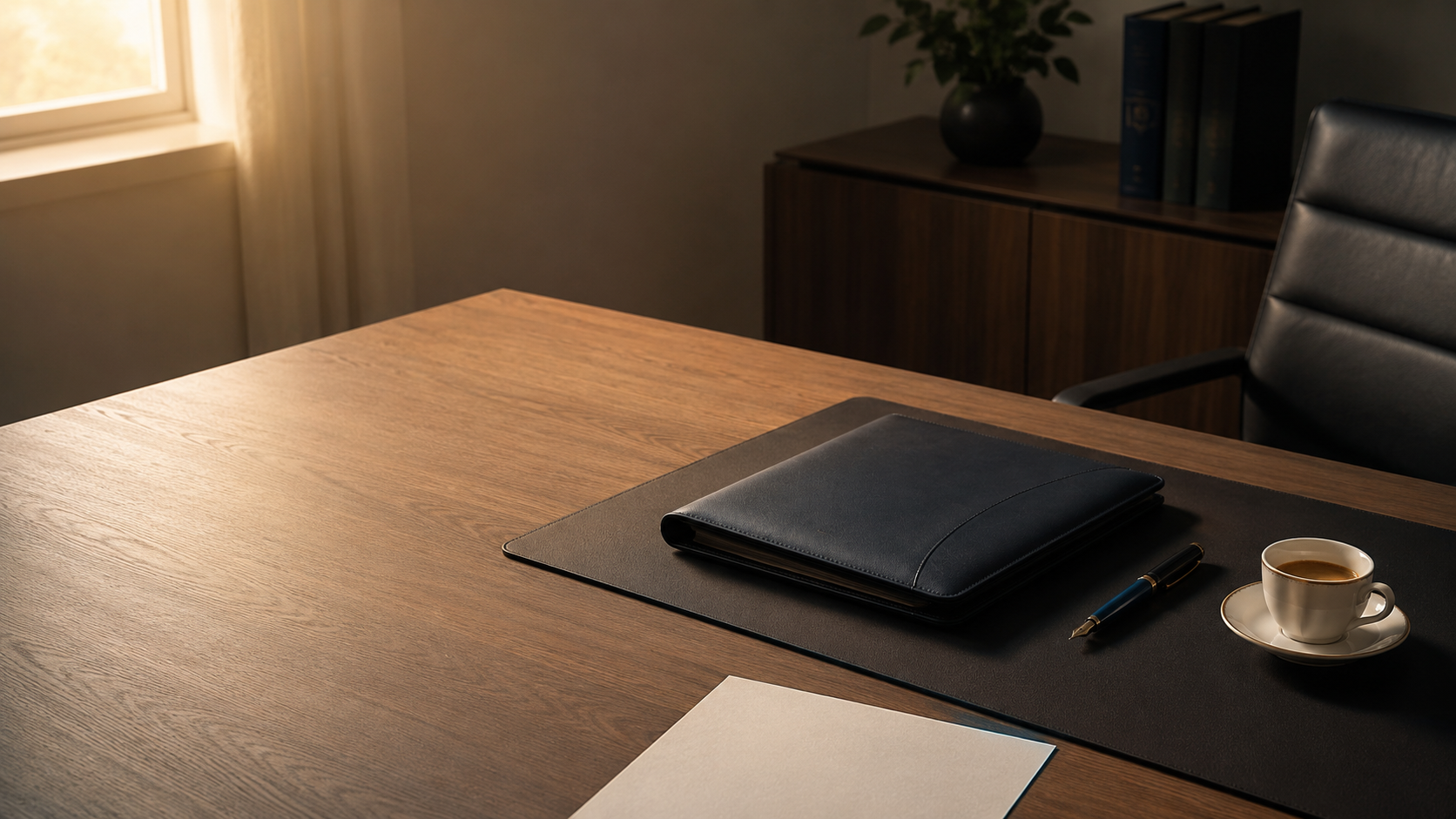 A quiet executive desk at end of day - a closed leather portfolio, fountain pen, and espresso under warm window light.