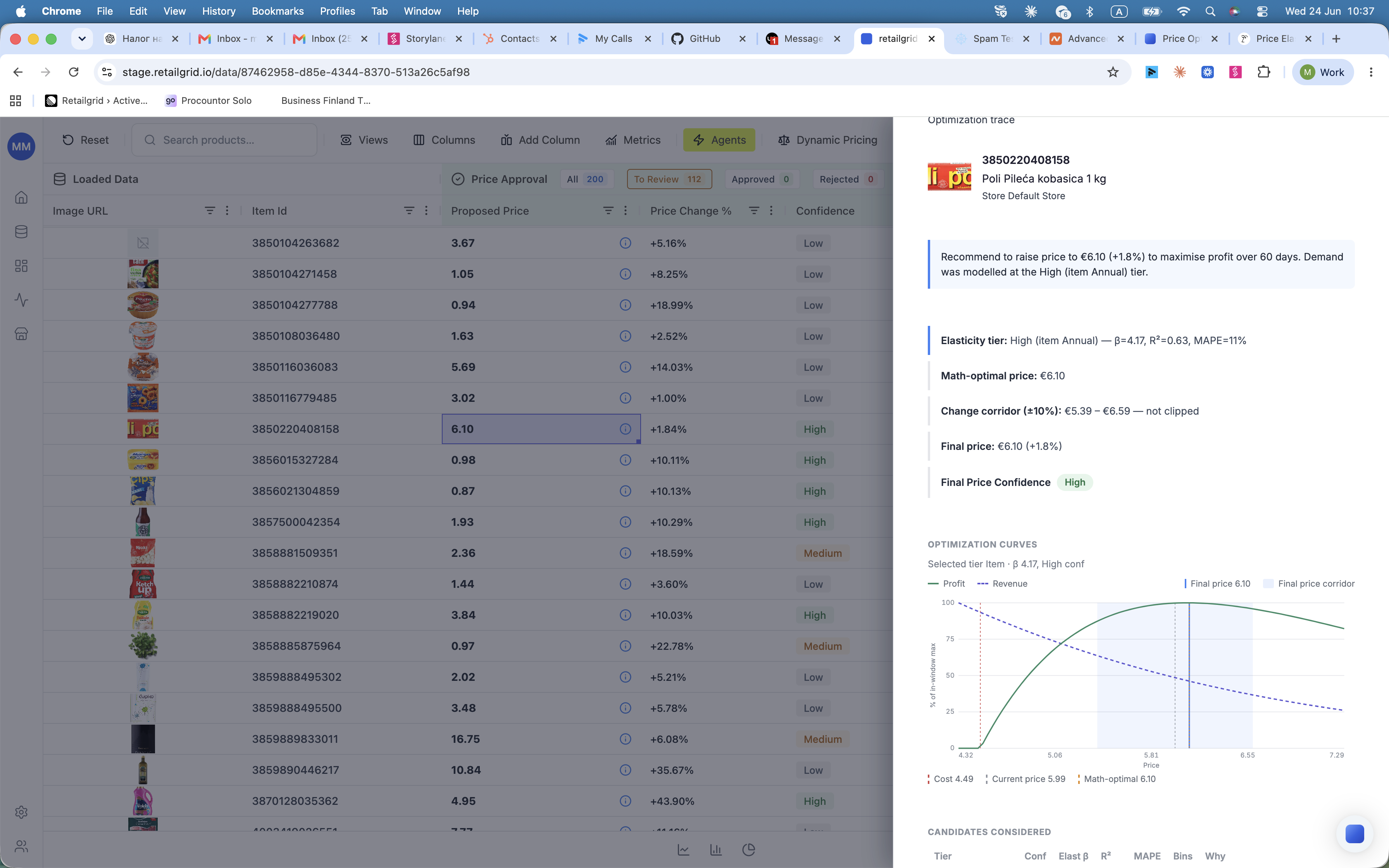 Retailgrid recommendation detail showing the chosen elasticity tier with beta, R-squared and MAPE, the math-optimal price, the change corridor, the final price, and profit and revenue optimization curves