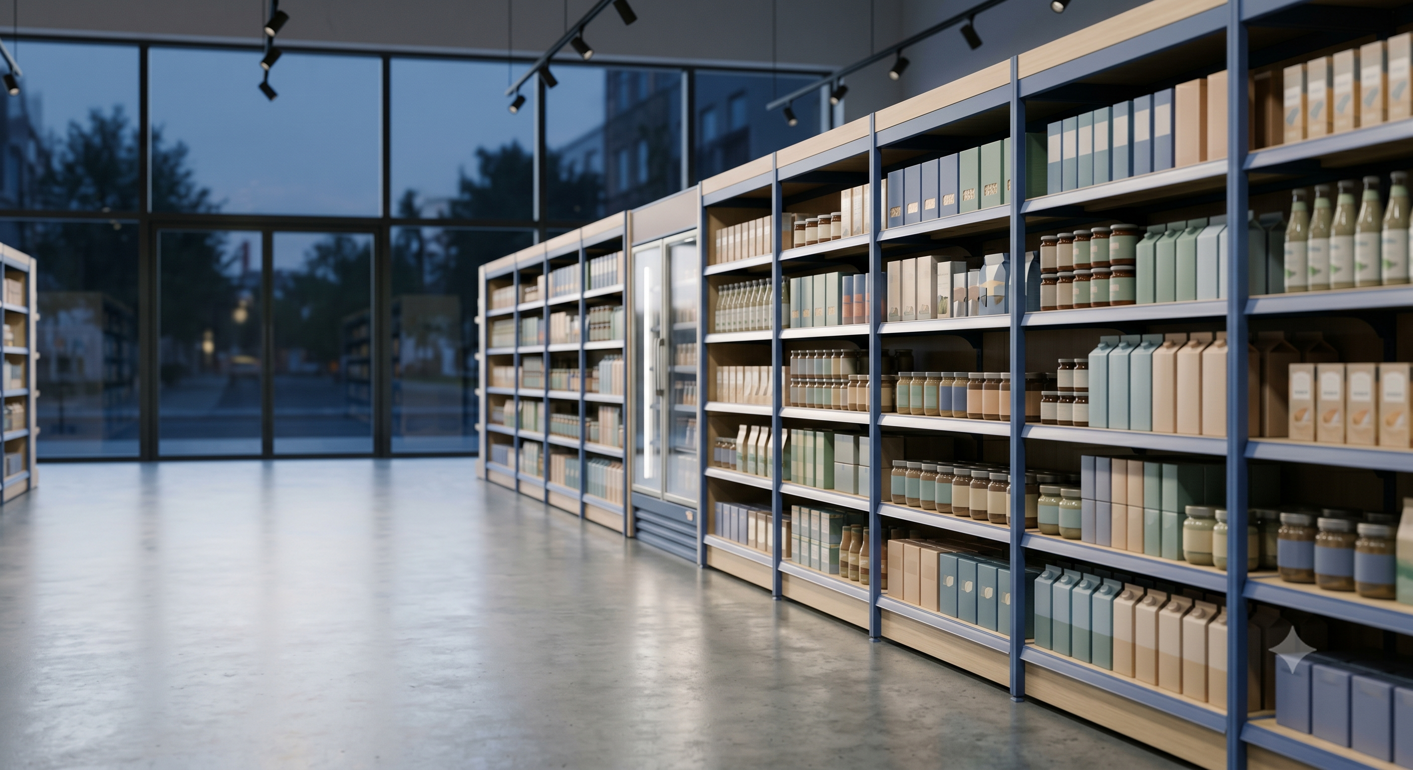 A modern mid-market retail aisle at dusk, shelves fully stocked and receding toward a glass storefront.