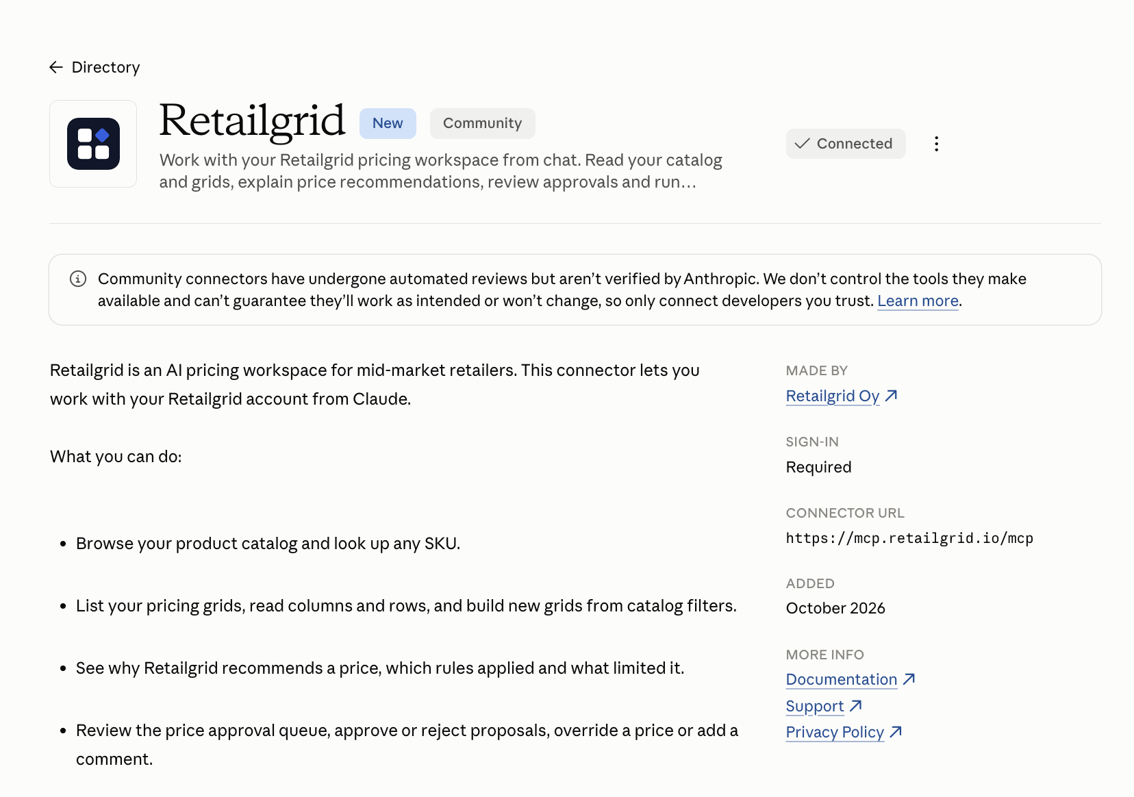 Retailgrid listing in the Claude Connectors Directory, showing the Community badge, connector description and sign-in details