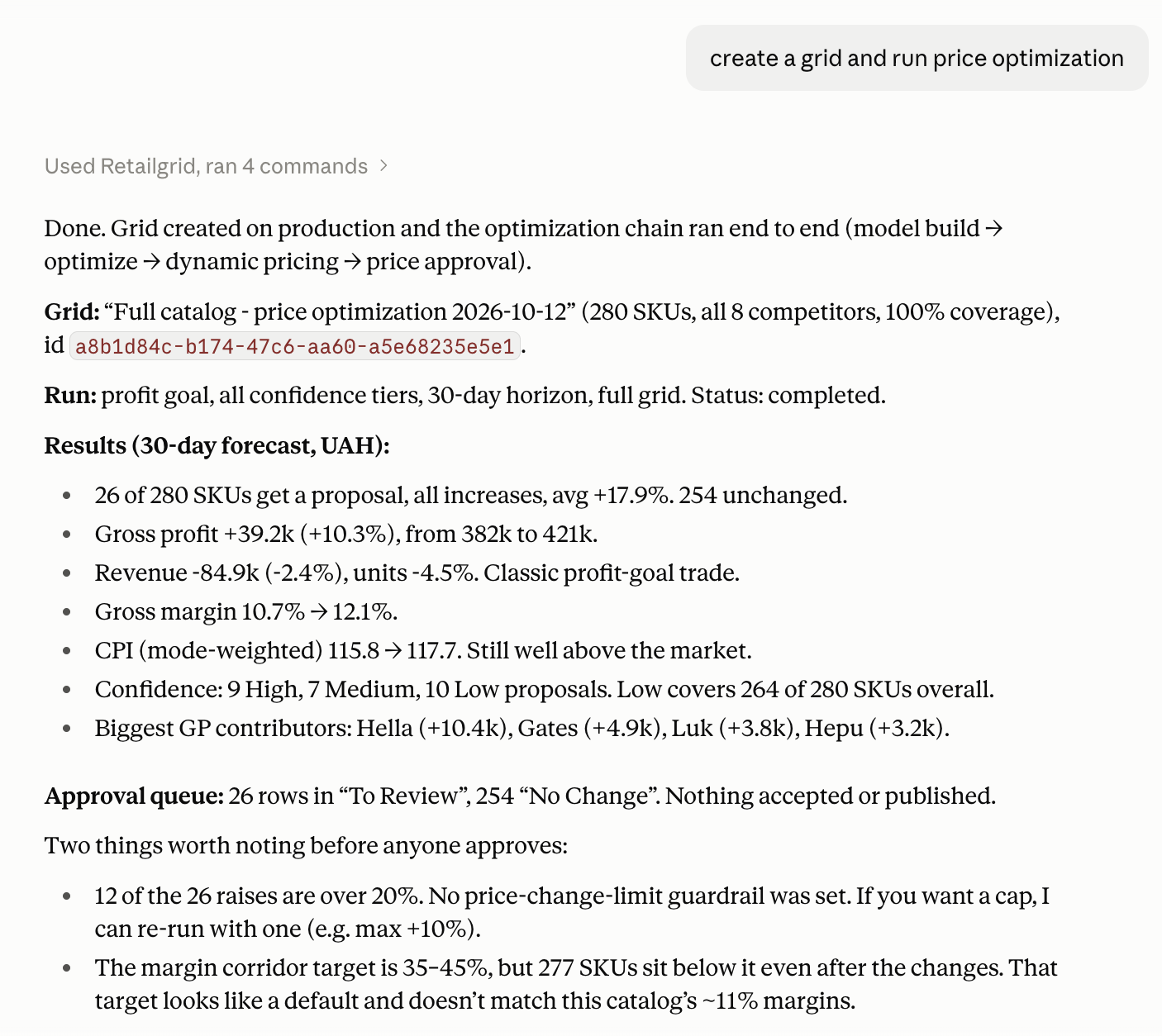 Claude creating a Retailgrid Grid and running price optimization, then summarizing proposals, forecast gross profit, margin and price index changes
