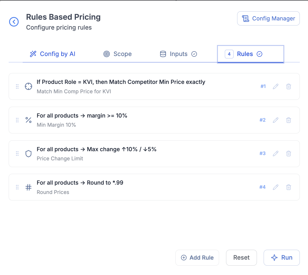 Retailgrid rules-based pricing list with a KVI competitor-match rule, a 10% minimum margin rule, a price change limit and a rounding rule