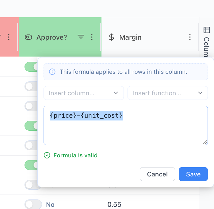 Retailgrid formula editor defining a Margin column as price minus unit cost, applied to every row of the pricing grid